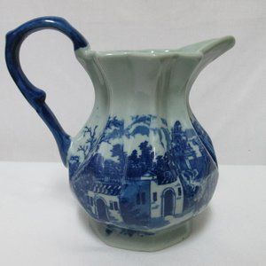 Victoria Ware Ironstone Blue Flow Transferware Pitcher Vase 7.3" tall floral